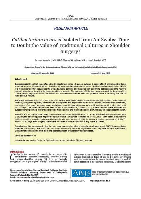 Cutibacterium acnes is isolated from Air Swabs - Time to Doubt the Value of Traditional Cultures in Shoulder Surgery?