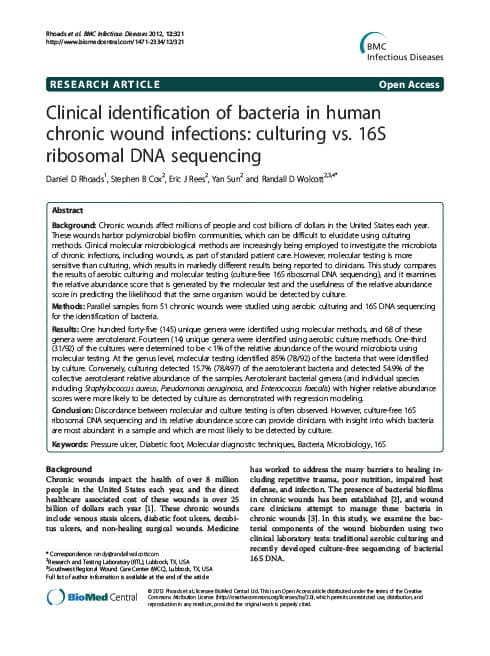 Clinical identification of bacteria in human chronic wound infections: culturing vs. 16S ribosomal DNA sequencing.