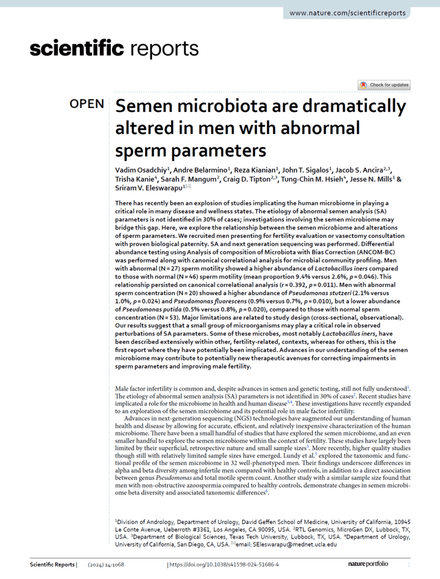 Semen Microbiota Are Dramatically Altered in Men With Abnormal Sperm Parameters