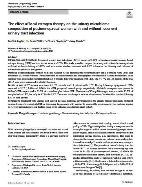 The effect of local estrogen therapy on the urinary microbiome composition of postmenopausal women with and without recurrent urinary tract infections