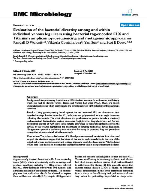 Evaluation of the bacterial diversity among and within individual venous leg ulcers using bacterial tag-encoded FLX and Titanium amplicon pyrosequencing and metagenomics approaches.